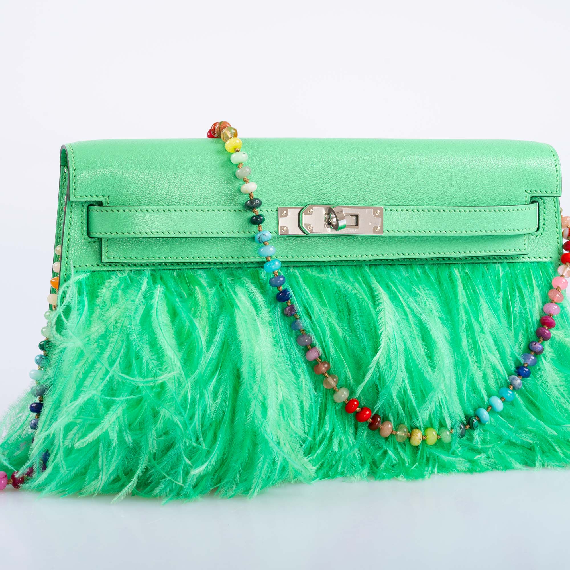 Hermès Kelly Élan Folie Vert Comics Chèvre Chamkila and Ostrich Feather Palladium Hardware