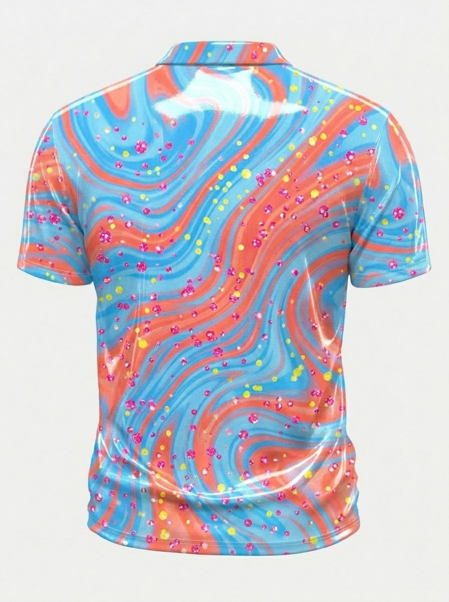 Moisture Wicking Golf Polo 3D Blue Orange Swirl Glitter Button Short Sleeve Golf Polo Shirt