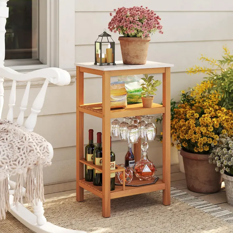 Three-Tier Patio Bar Cabinet – Faux Marble Countertop Serving Table for Outdoor Entertaining
