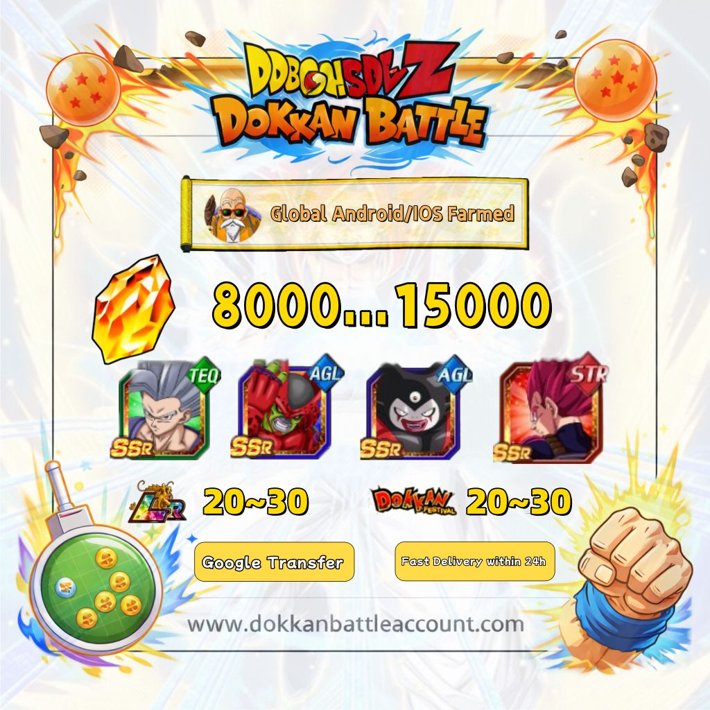 [Global] Dokkan Battle Farmed Account 14000+ DS with Third Eye Gomah and Super Saiyan God Vegeta (Ultra Supervillain) Beast Gohan and Cell Max For Android and IOS