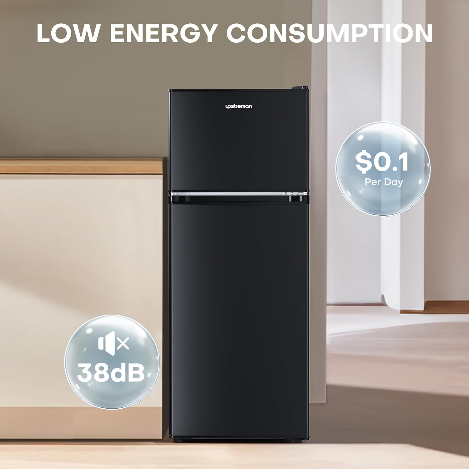 4.0 cubic foot double door refrigerator with freezer, mini refrigerator, adjustable thermostat, large capacity, black
