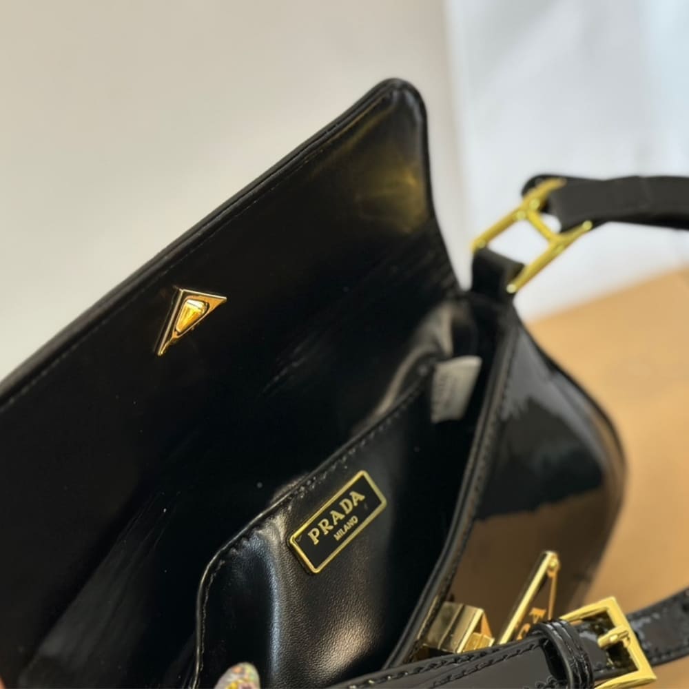 Prada Cleo Bag In Brushed Leather With Triangle Logo Black 24Cm