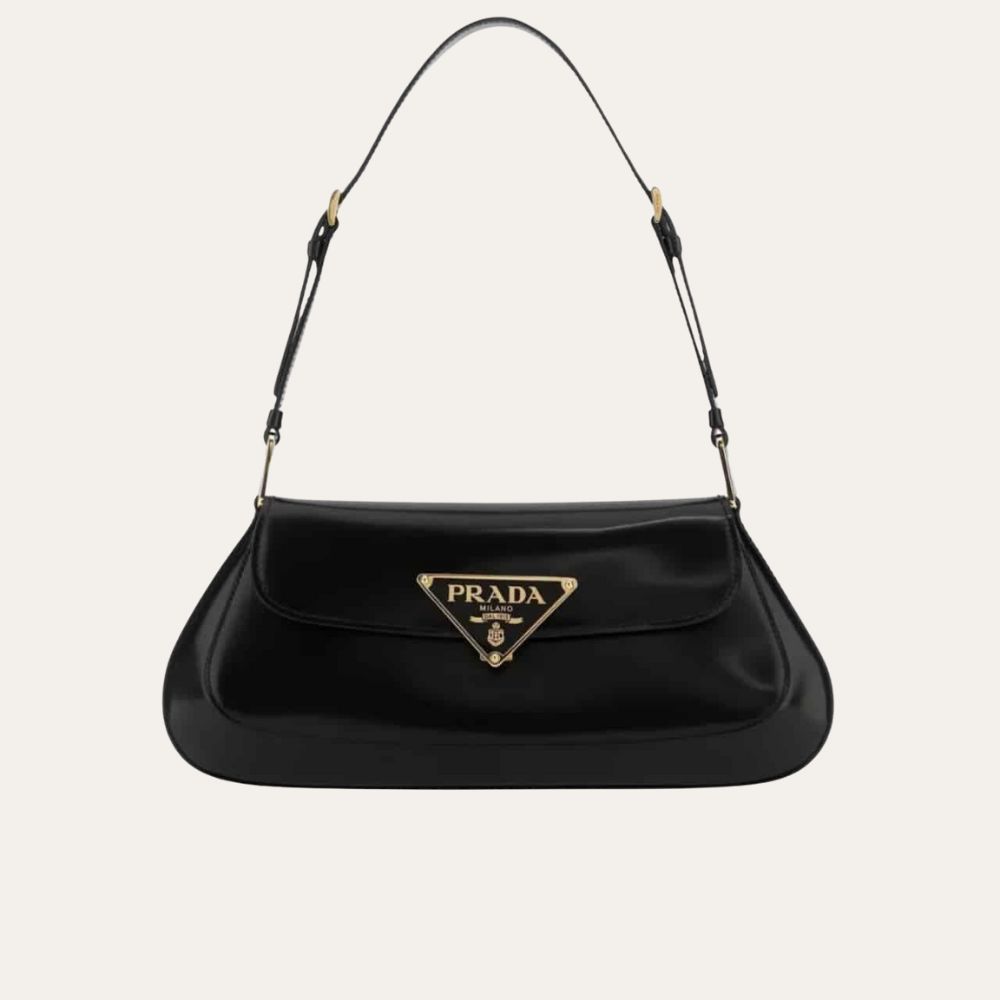 Prada Cleo Bag In Brushed Leather With Triangle Logo Black 9.4 Inches