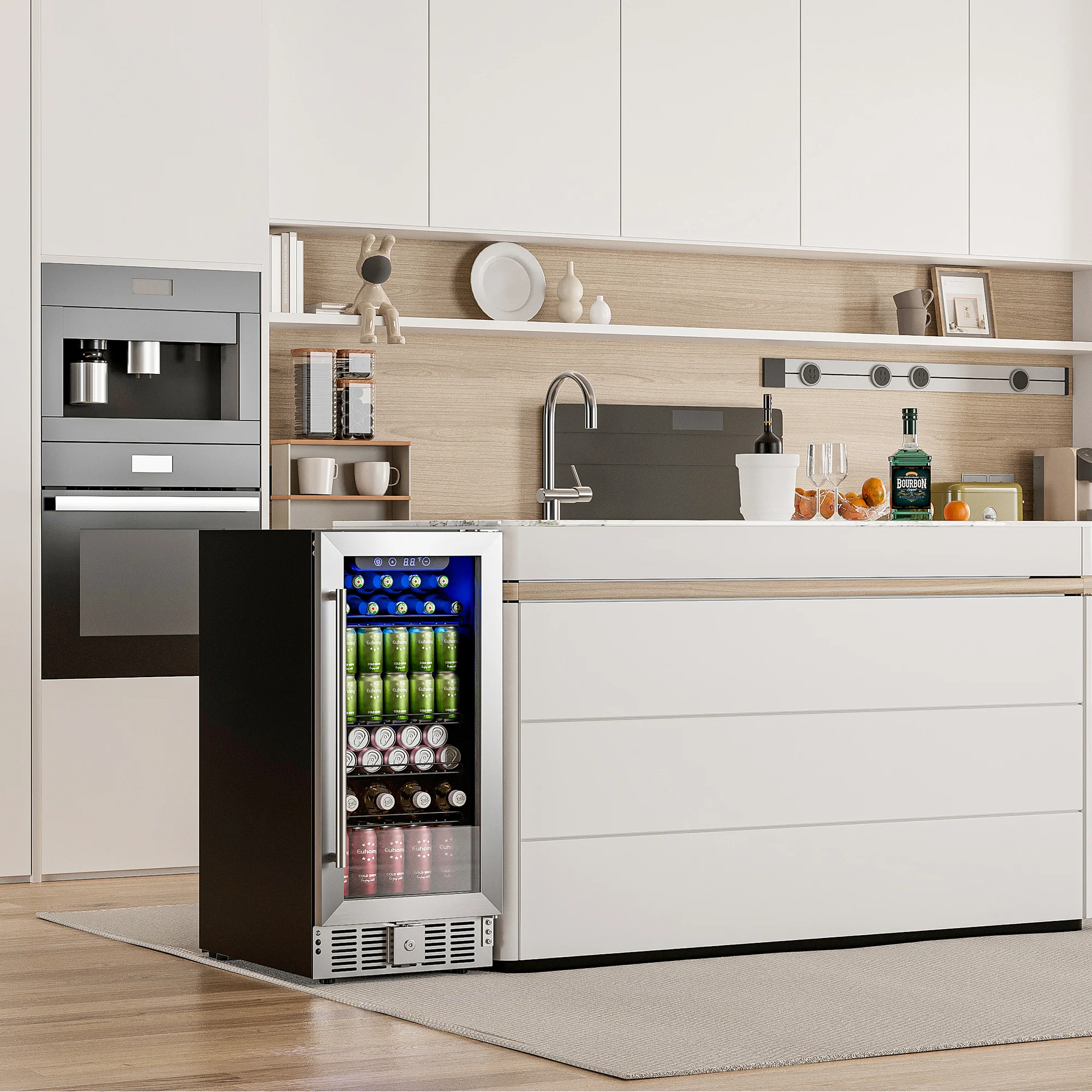 15 Inch Beverage Refrigerator Cooler Under Counter 127 Cans Beverage Fridge with Glass Door