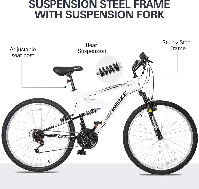 WEIZE 26/27.5-Inch Hybrid Mountain Bike – 18-Speed Dual Suspension Adult MTB with Ergonomic Adjustable Seat