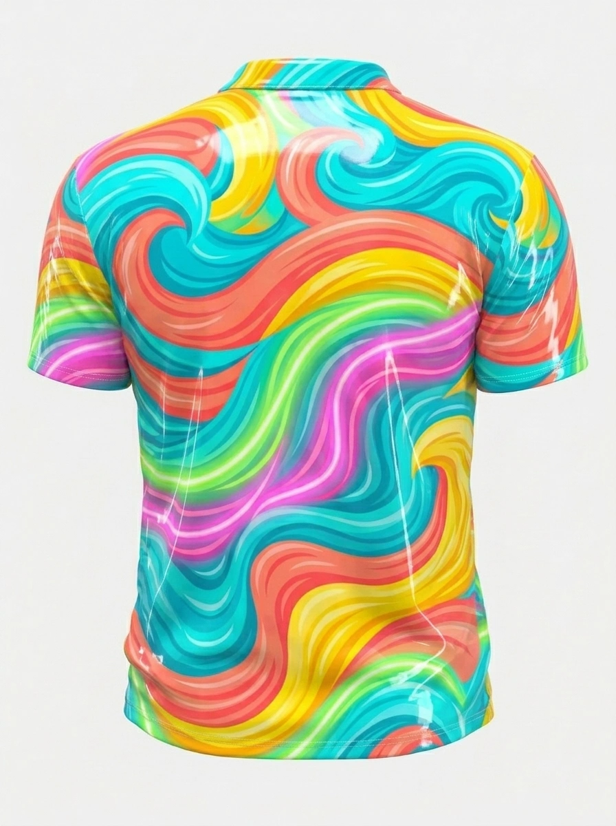 Moisture Wicking Golf Polo 3D Colorful Wave Swirl Button Short Sleeve Golf Polo Shirt
