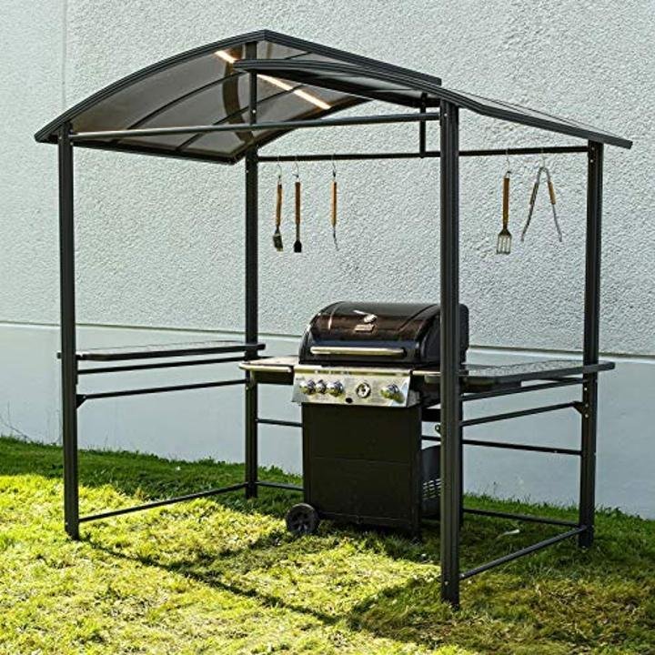 aleko-Steel Hard Top BBQ Gazebo Grill Shelter Canopy with Serving Tables 8 x 5 x 8 Feet Brown