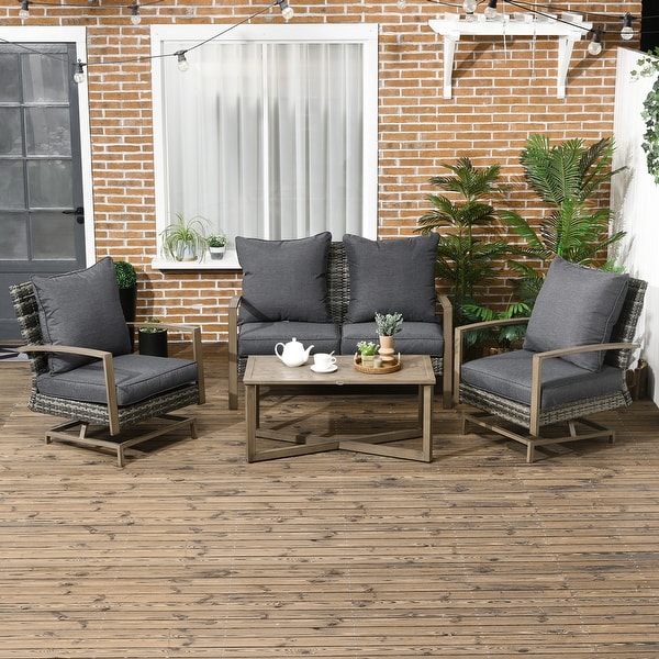 Outsunny 4 Piece Patio Furniture Set with Cushions,Outdoor Conversation Sets with Rattan Rocking Chair