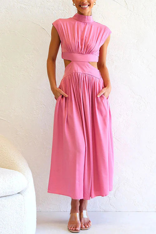 Mock Neck Cut Out Waist Swing DressClistos