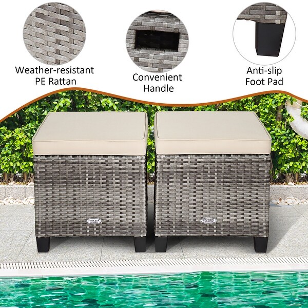Costway 2PCS Patio Rattan Cushioned Ottoman Seat Foot Rest Table