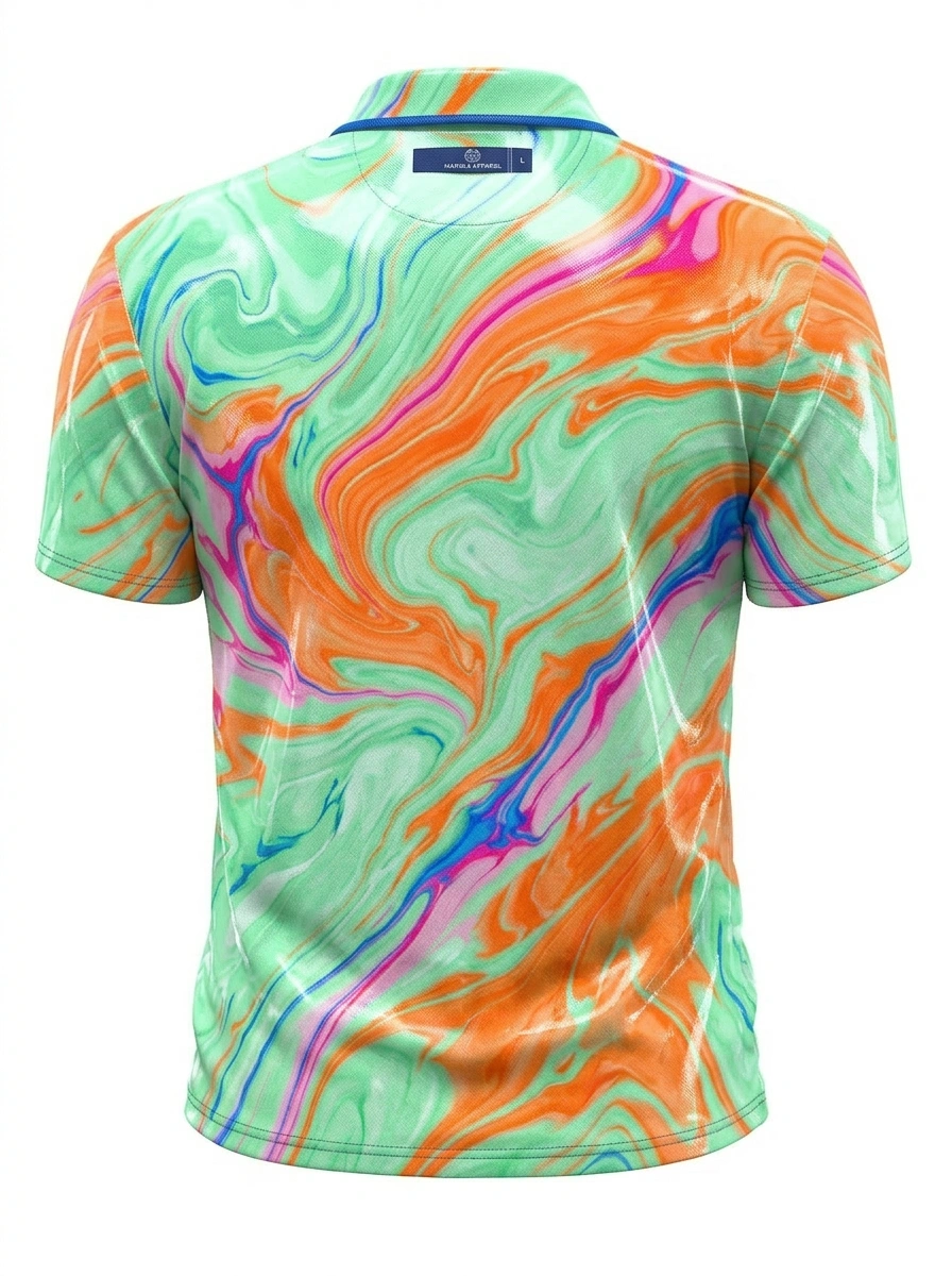 Moisture Wicking Golf Polo 3D Green Orange Swirl Liquid Button Short Sleeve Golf Polo Shirt