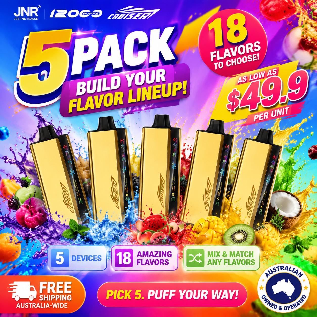 JNR Cruiser 12000 Puffs Mega Deal 5-30 Packs • Multiple Flavors • From 48.5AU/Each • Free Shipping