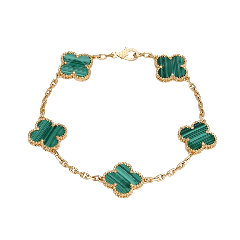 Van Cleef & Arpels Vintage Alhambra 5 Motifs Bracelet 18K Yellow Gold Malachite VCARL80900