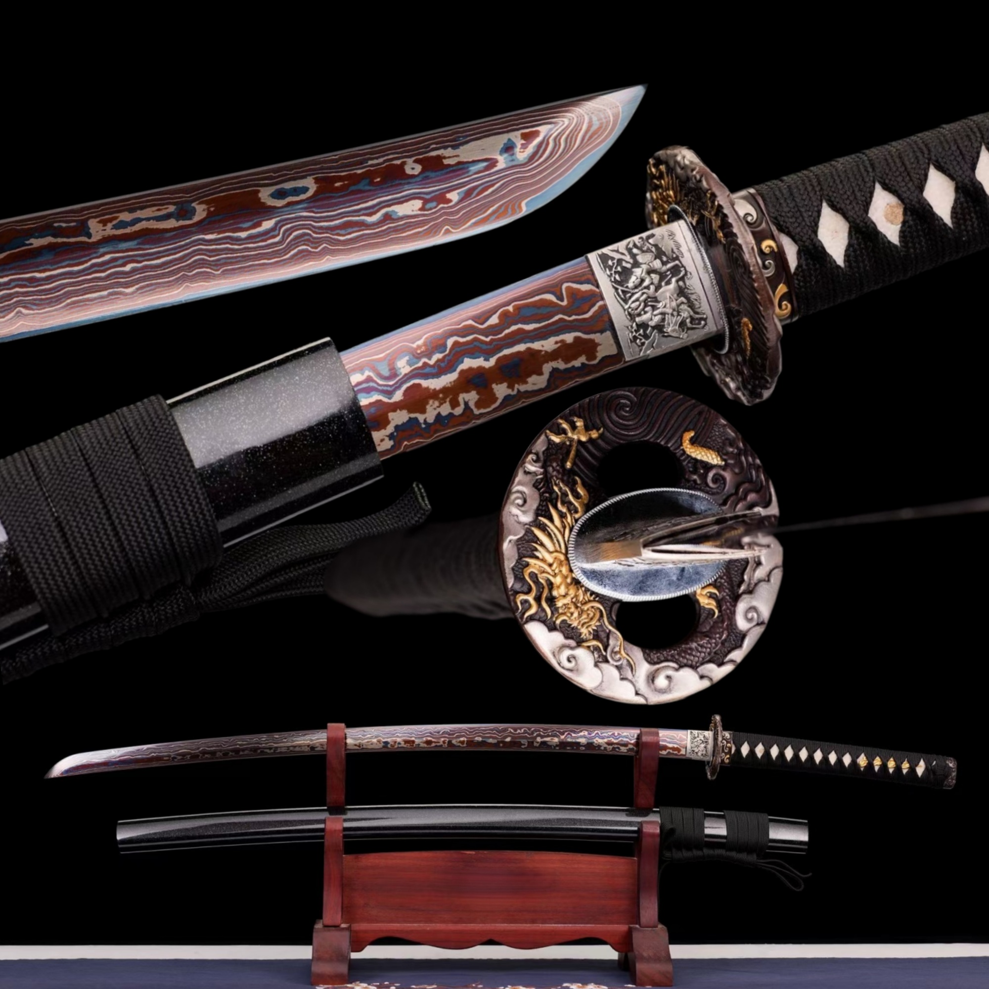 Japanese Katana Tenryu Hand Forged Damascus Steel Blued Full Tang