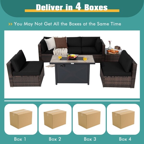 Gymax 7PCS Patio Rattan Furniture Set Fire Pit Table Cover Cushion