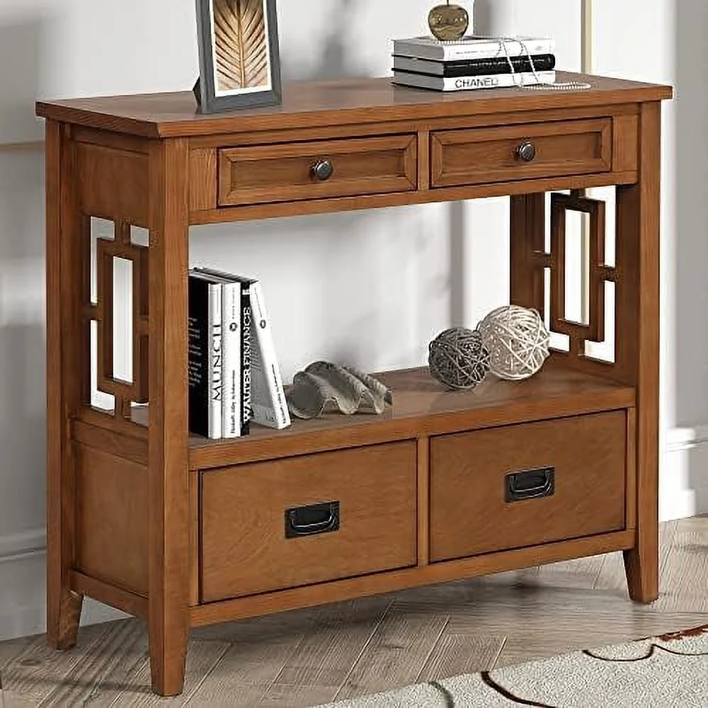HJZUINIUNIU Short Console Table with Drawers for Entryway Wood Narrow Sofa Table Farmhouse Style with  Shelves for Entryway Living Room Bedroom Hallway Kitchen  Antique White