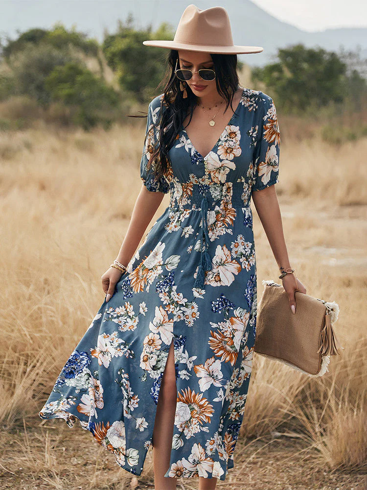 Floral Print Maxi Dress with V-Neck & SlitClistos