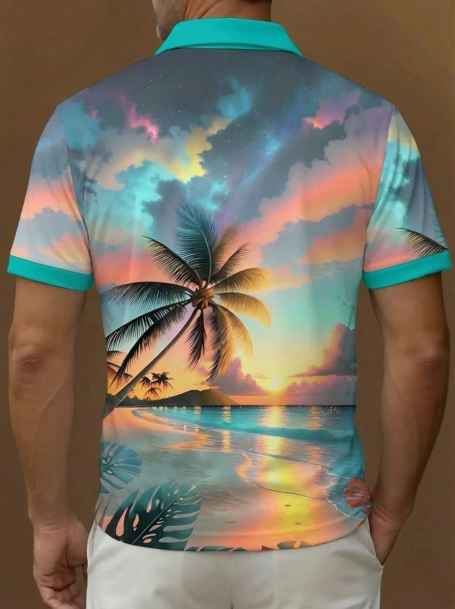 Teal Pink Orange Tropical Sunset Beach Pattern Button Short Sleeve Golf Polo Shirt
