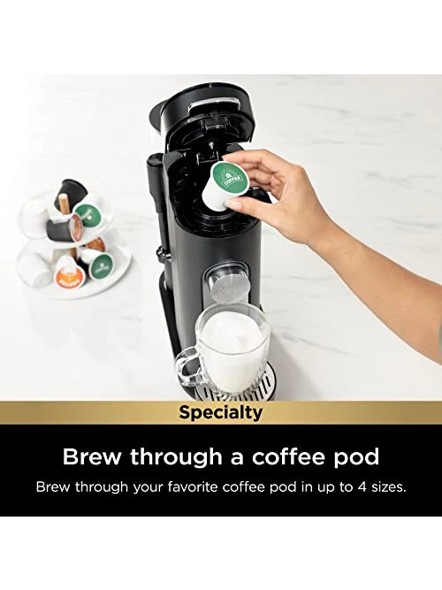 Ninja Pod & Grounds Specialty Single-Serve Coffee Maker, K-Cup Pod Compatible, Brews Grounds, Compact Design, Built-In Milk Frother, 56-oz. Reservoir, 6-oz. Cup to 24-oz. Mug Sizes, Black, PB051