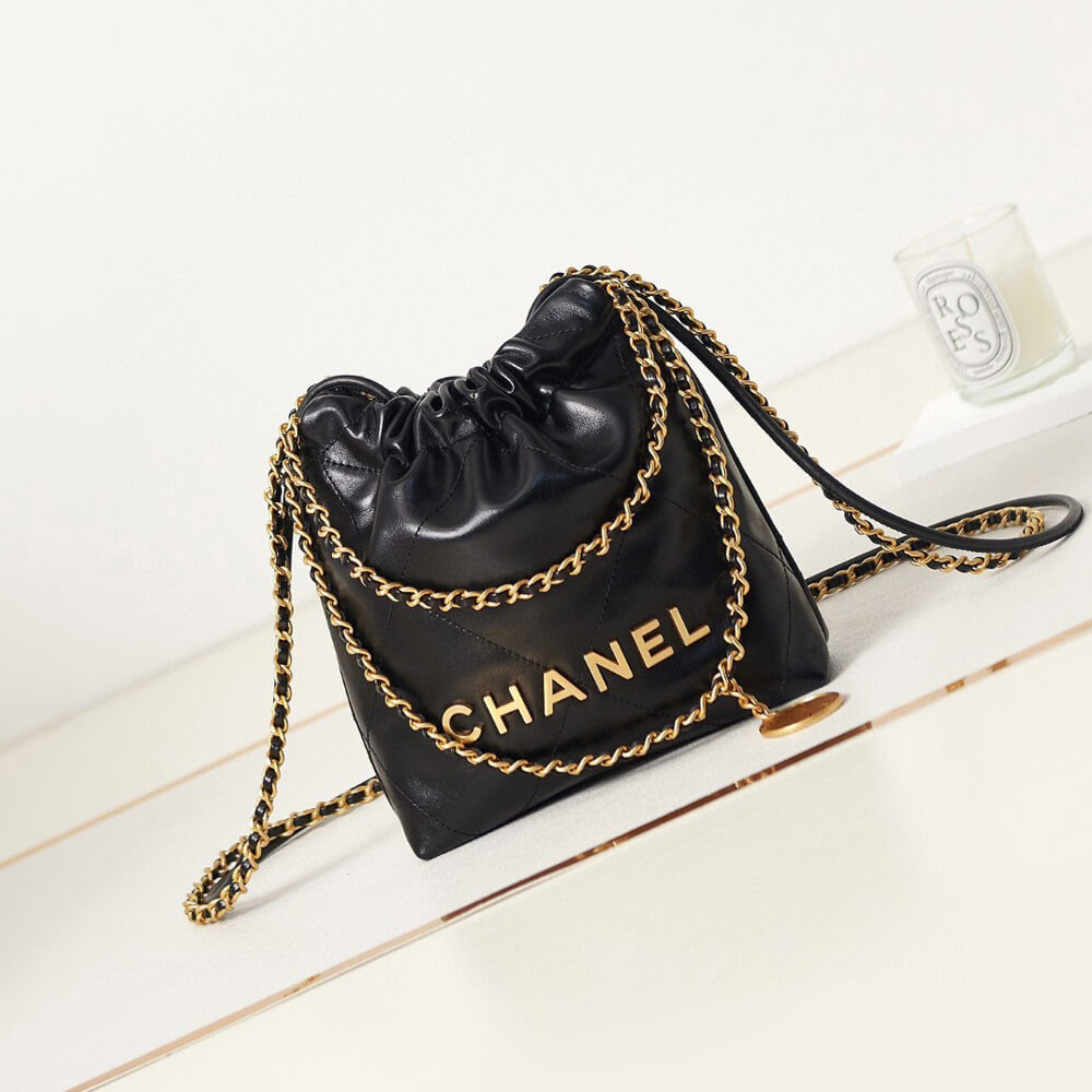 Chanel Mini 22 Handbag Shiny Calfskin & Gold Metal Black 20cm