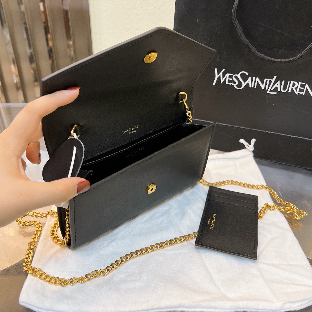 Saint Laurent Uptown Chain Wallet In Grain De Poudre Embossed Black 19Cm