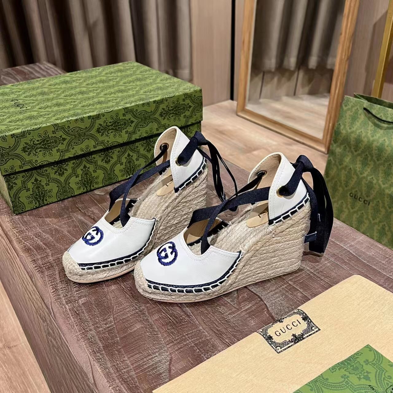 Gucci Gg Canvas Wedge Espadrilles White