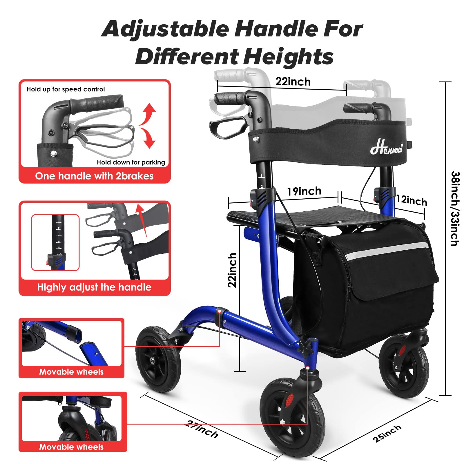 Henmnii Rollator Walker for Seniors, Lightweight Foldable All Terrain Rolling Walker with seat, Aluminum Walkers with 8 inch Rubber Wheels, Handles and Backrest for Seniors and Adult