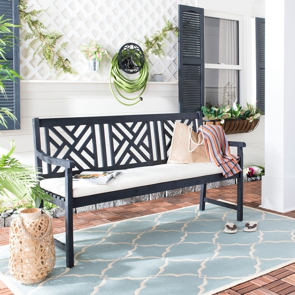 SAFAVIEH Outdoor Living Bradbury 3seat Dark Slate Grey/Beige Bench