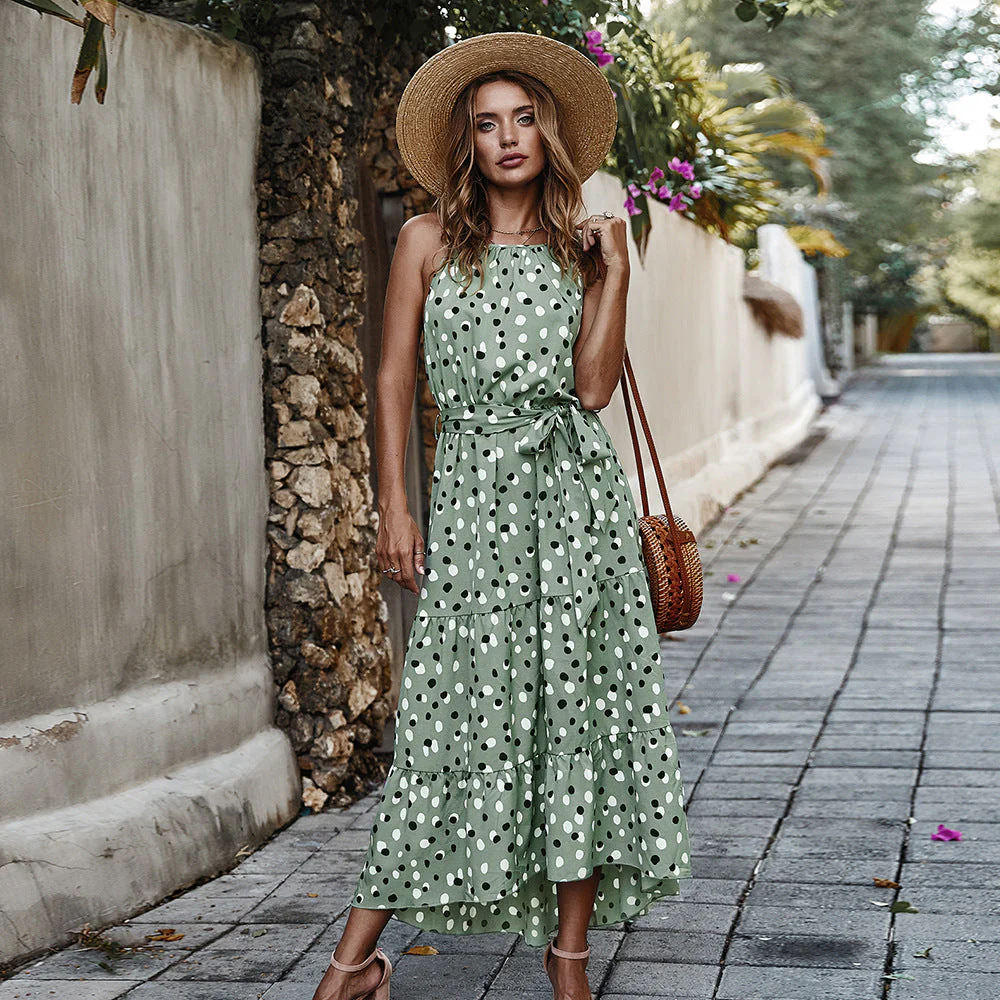 Tiered Halter Maxi Dress | Polka Dot A-Line SundressClistos