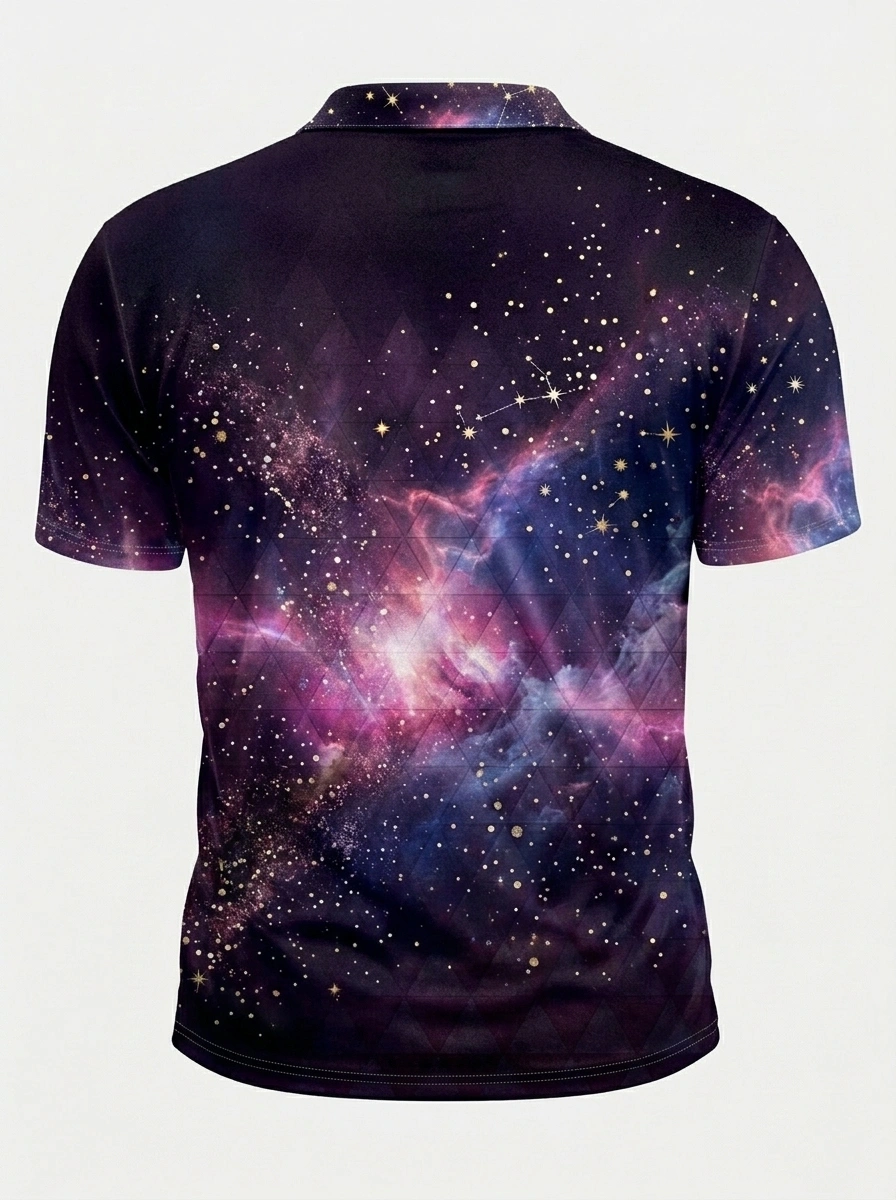 Moisture Wicking Golf Polo 3D Purple Galaxy Constellation Button Short Sleeve Golf Polo Shirt
