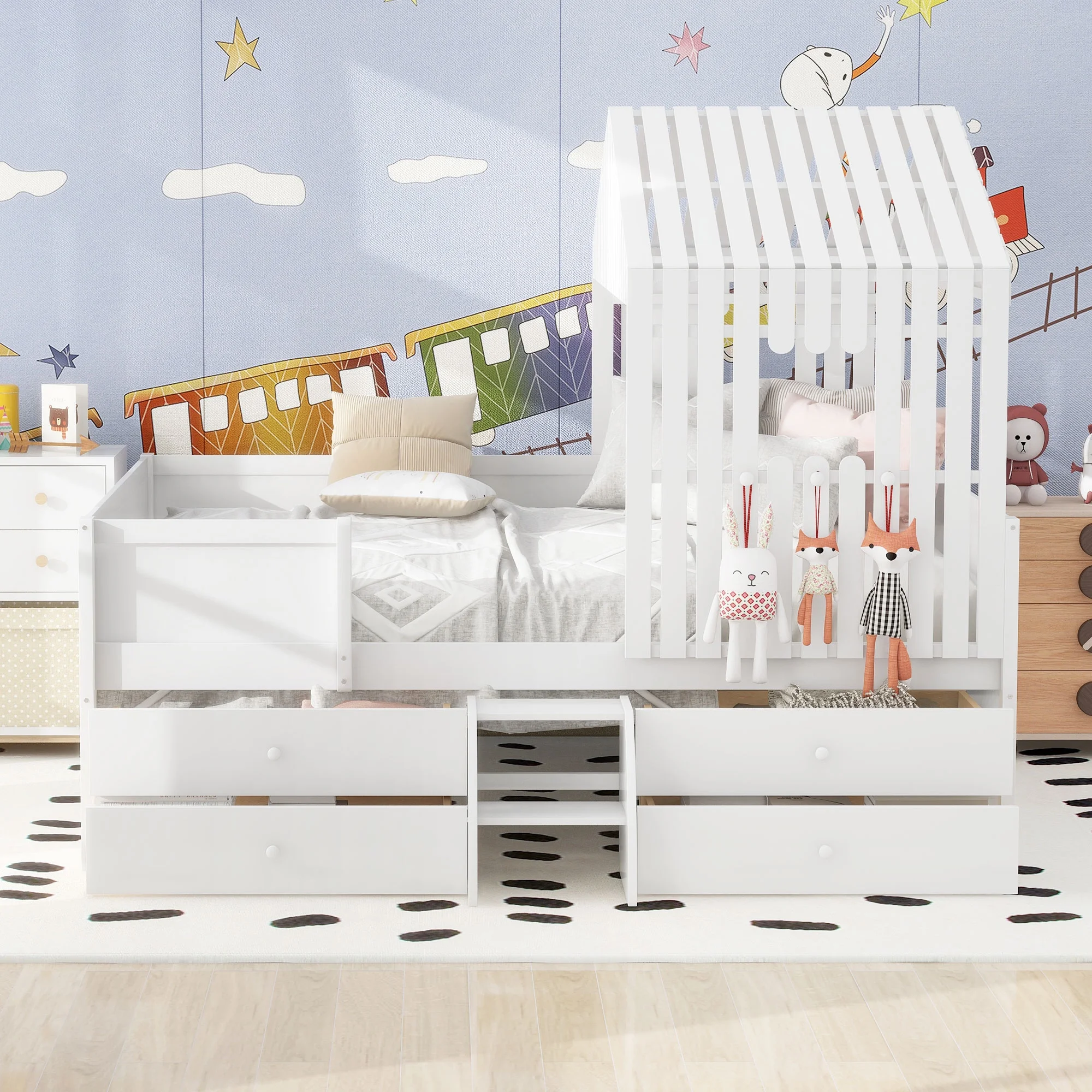 Churanty Full Size House Low Loft Bed for Kids, Wooden Platform Bed with 4 Storage Drawers and Roof Design for Teens Girls & Boys Bedroom, White