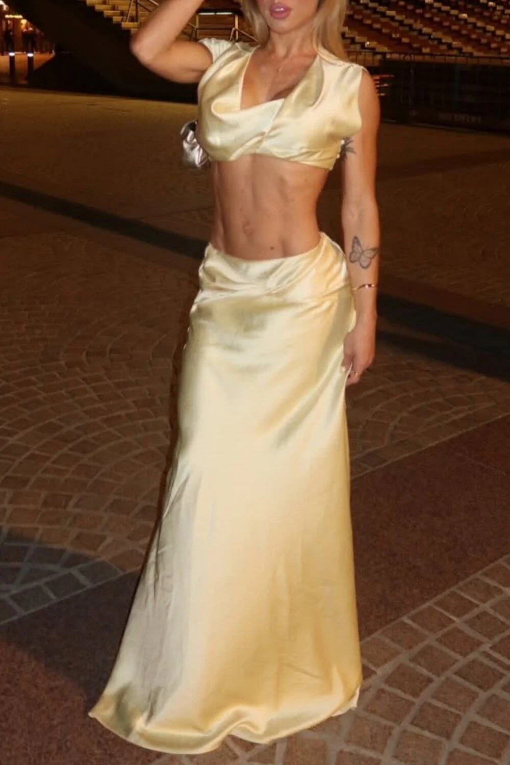 Cowl Neck Crop Top & Ruched Maxi Skirt SetClistos