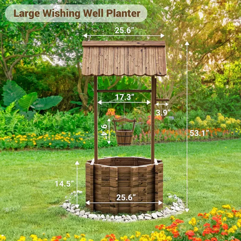 UDPATIO Large Wooden Outdoor Wishing Well Planter – Decorative Yard Accent with Rustic Charm