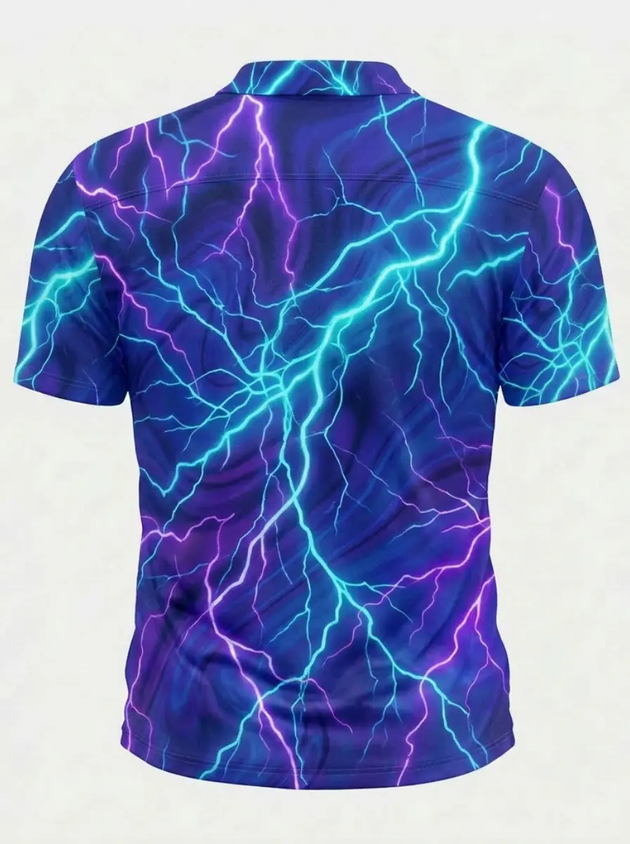 Moisture Wicking Golf Polo 3D Blue Purple Lightning Print Button Short Sleeve Golf Polo Shirt
