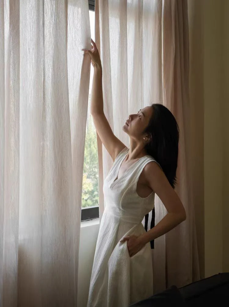 FS003 - Cir@Trudon Series French Embossed Linen Cream Romantic Translucent Floor-to-Ceiling Living Room Window Curtains
