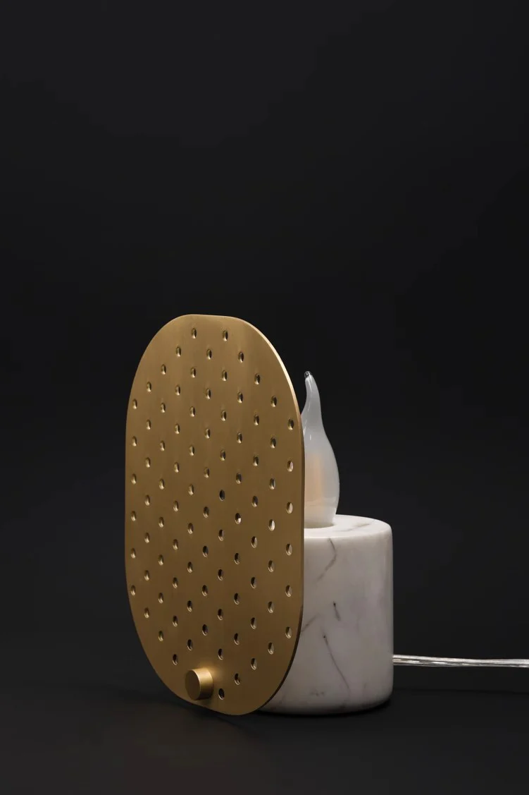 LA038 - Furniture Italian Natural Marble + Brass Hollow Screen Table Lamp Imitation Candlelight Night Light Ambience Lamp