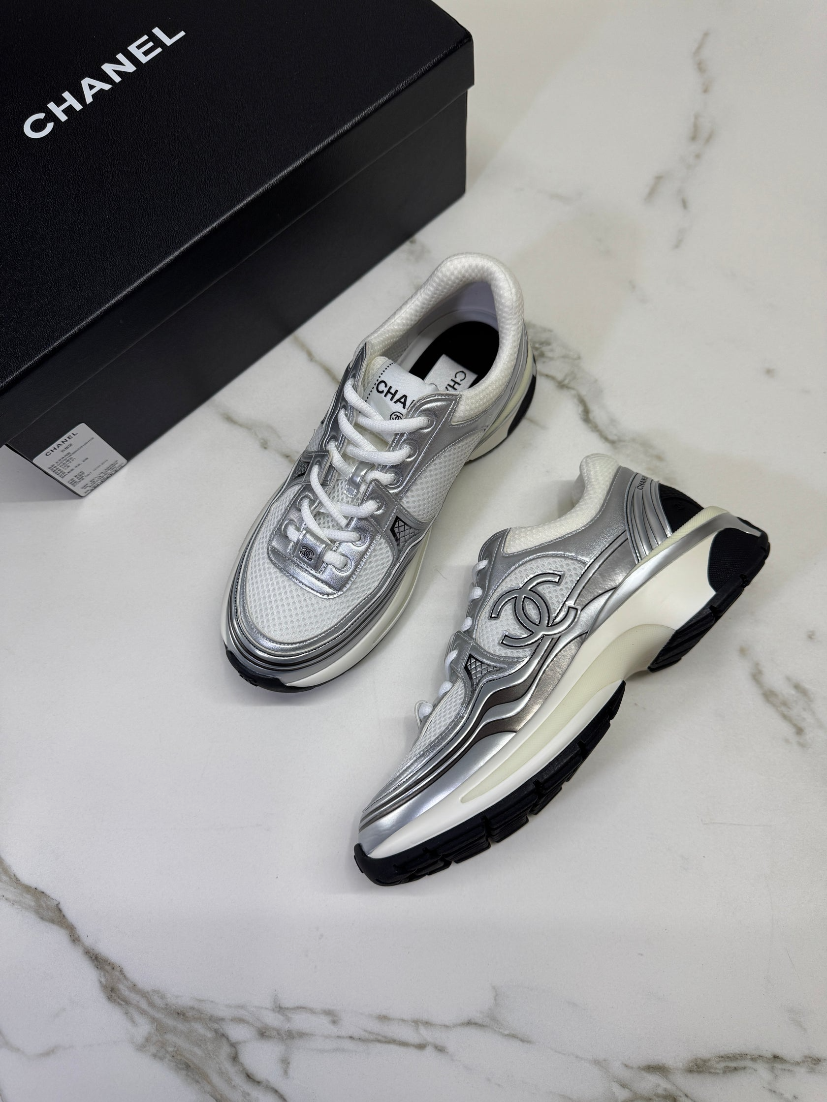 Chanel CC Logo Metallic Mesh Sneakers White/Silver