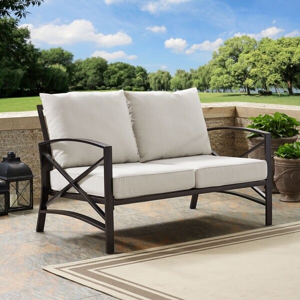 Crosley Kaplan Oiled Bronze Steel Outdoor Loveseat with Oatmeal Cushions
