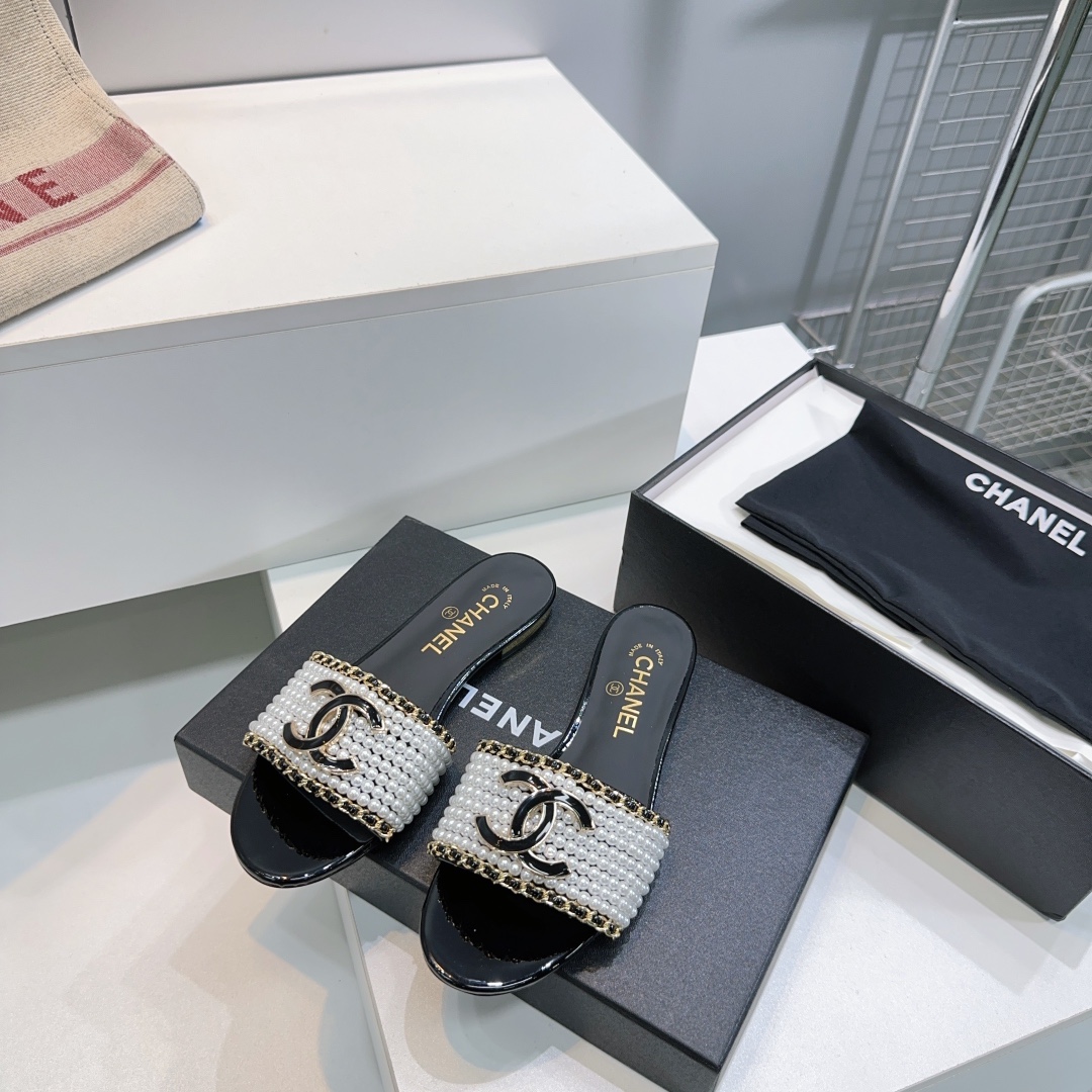 Top-quality Chanel Double C buckle pearl flat slippers - cnluxepick