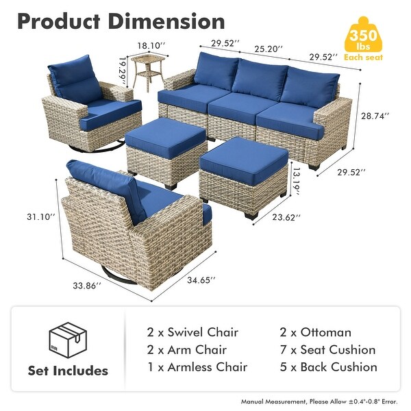 OVIOS 8 Pieces T shaped Seat Wide Armrest Swivel Chair Set With Ottoman