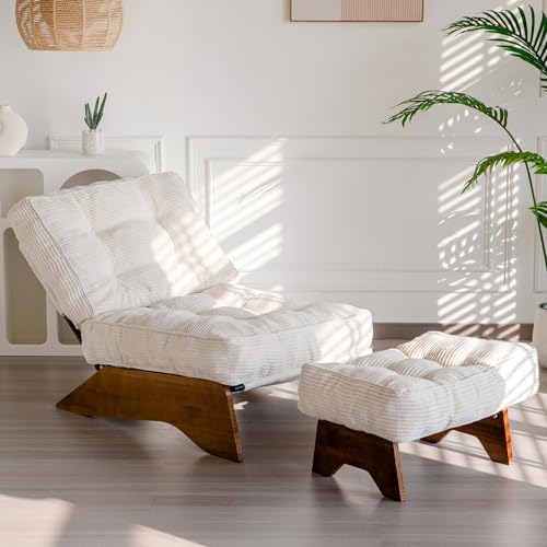MAXYOYO Accent Chair with Ottoman Adjustable Backrest, Tufted Living Room Chair Upholstered Lounge Chair with Footrest Set, Modern Chair Cozy Reclining Chair for Reading Room, Beige