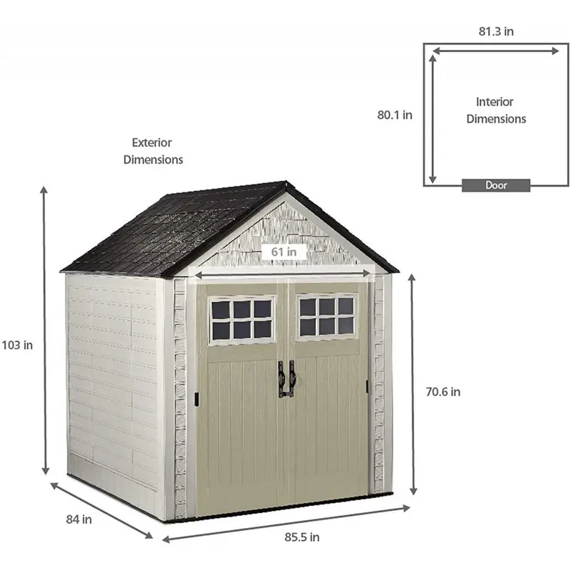 Rubbermaid 7 ft x 7 ft Resin Garden Shed – Sand Finish, Windows & Utility Hooks Included
