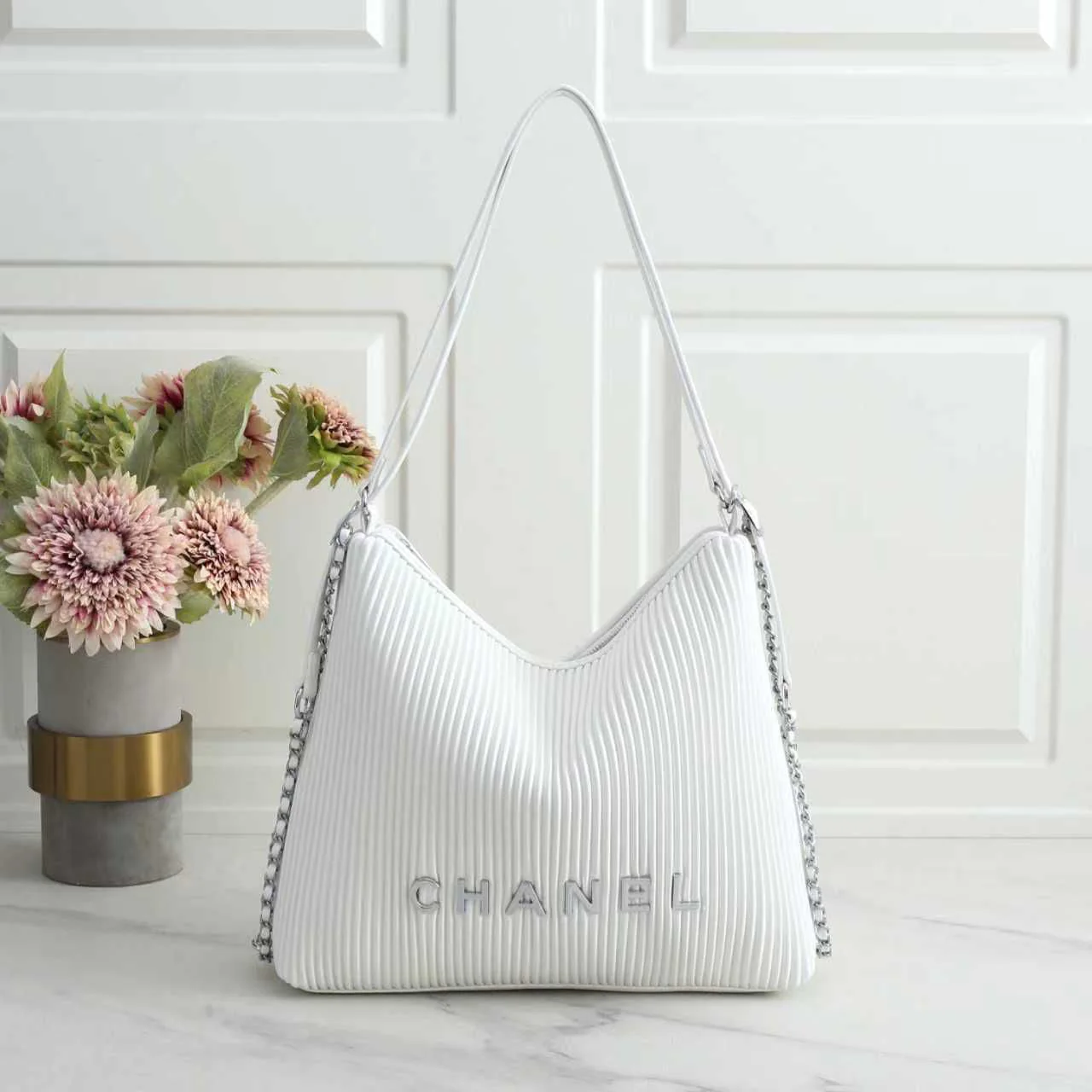 Chanel Bag | Pleated Ribbed Hobo Bag Light White