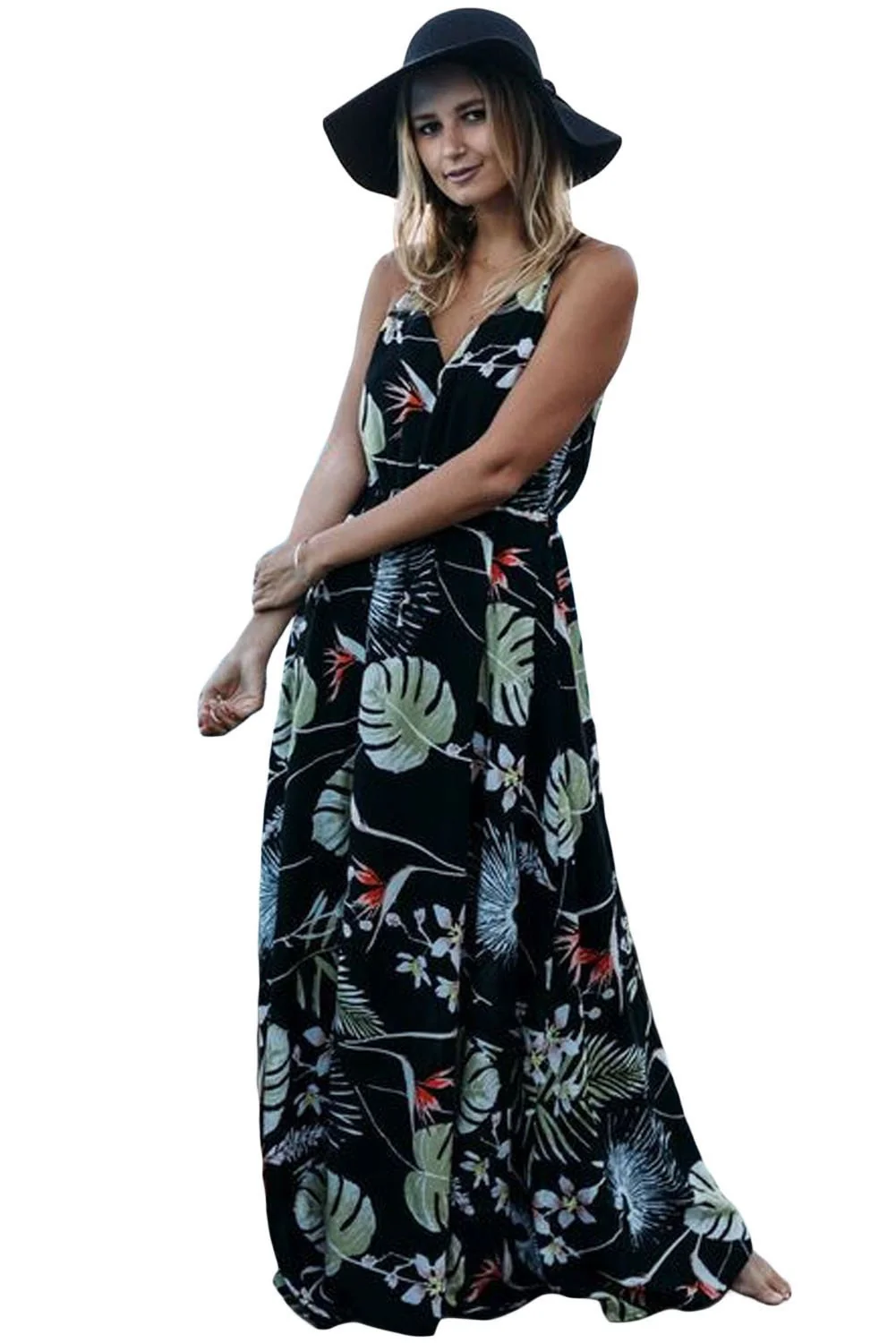 Floral Maxi Dress V-Neck Sleeveless Drawstring WaistClistos