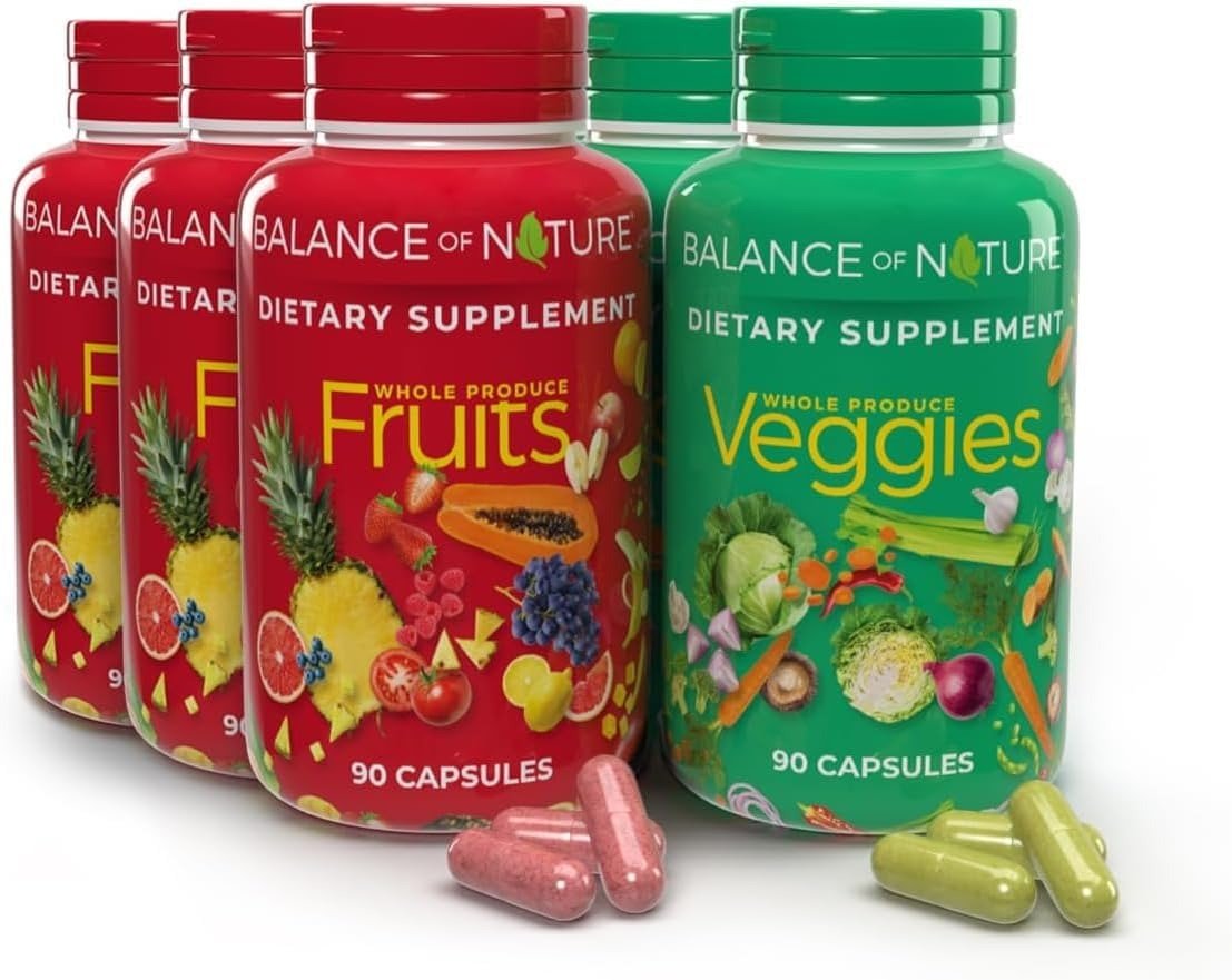 balance-of-nature-Fruit and Vegetable Supplements – 90 Fruits and 90 Veggies Capsules (3-Sets) – Green and Red Superfood, Better Than Multivitamins, No Fillers/Extracts, 100% Natural Whole Food