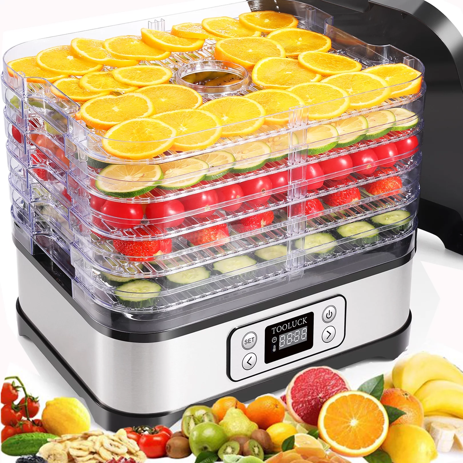 TOOLUCK Electric Food Dehydrator Machine,250W Power,Timer and Temperature Settings, 5 Drying Trays, Stainless Steel, BPA Free - Perfect for Beef Jerky, Herbs, Fruits, Vegetables