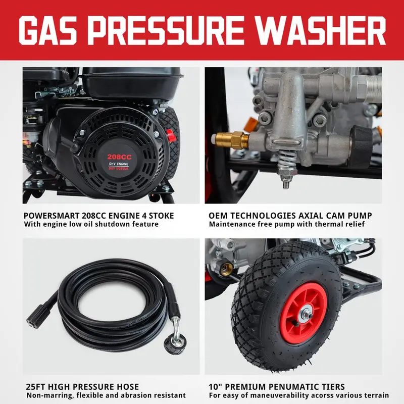 PowerSmart 3200 PSI Gas-Powered Pressure Washer – CARB-Compliant, 208cc Engine & 5-Tool Nozzle Set