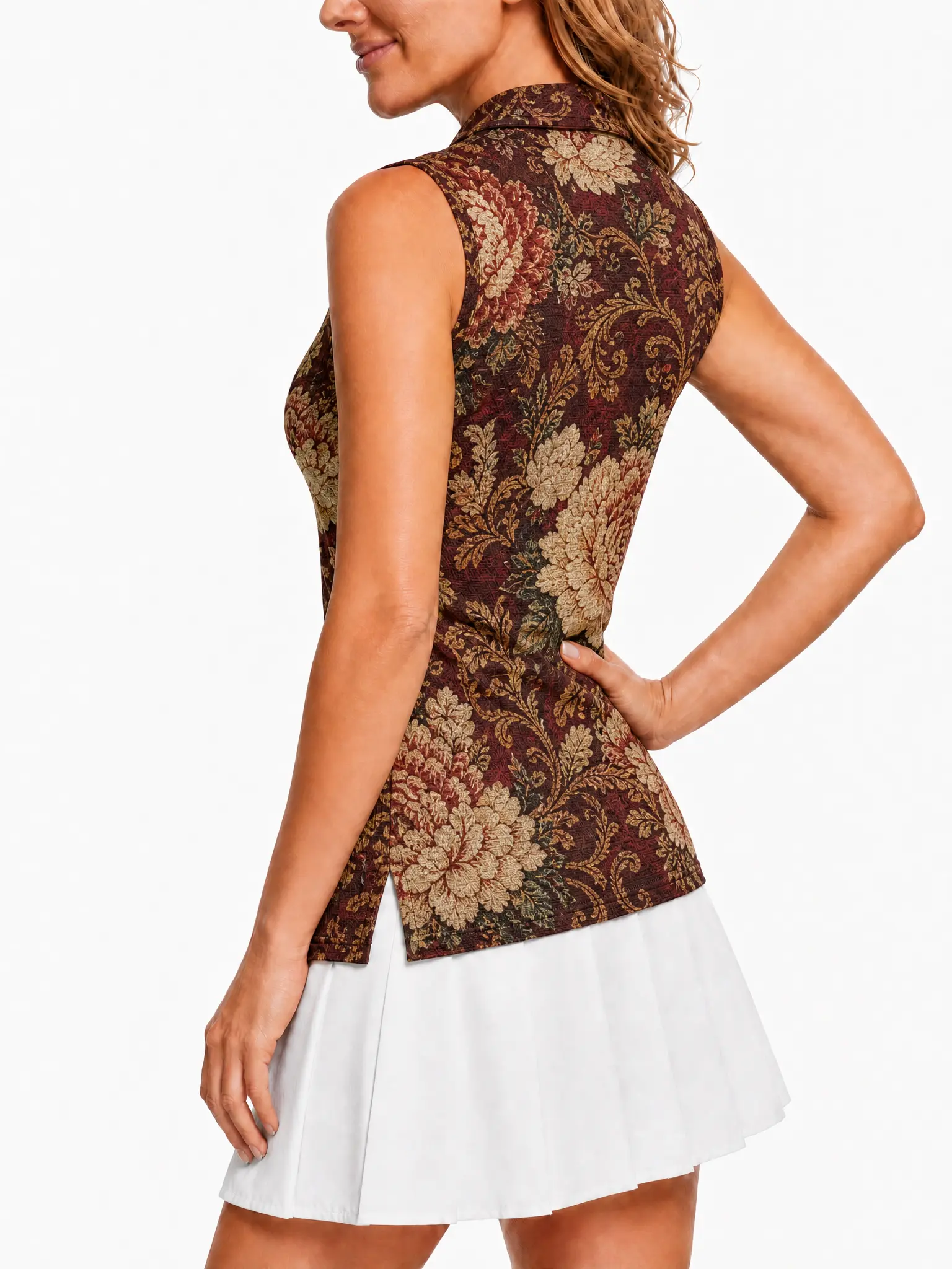Women Sleeveless Quick Dry Golf Polo Shirt, Vintage Burgundy Peony Floral Print