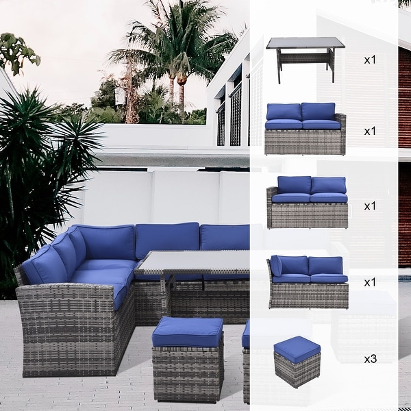 Patio Furniture Set,7 Pieces Sectional Conversation Sofa with Ottomans,All Weather,With Backrest and Removable Cushions