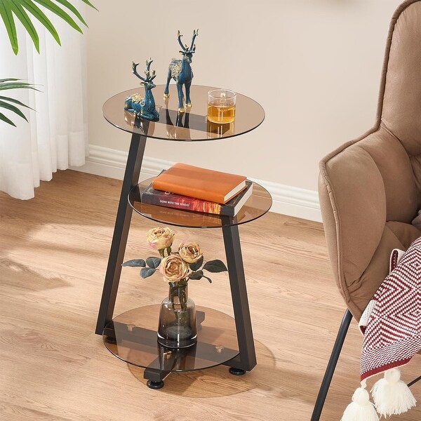 Round End Table Tempered Glass Side Table with Metal Frame,Tawny